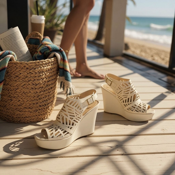 Elegant Cream Wedge Sandals - Picture 1 of 7